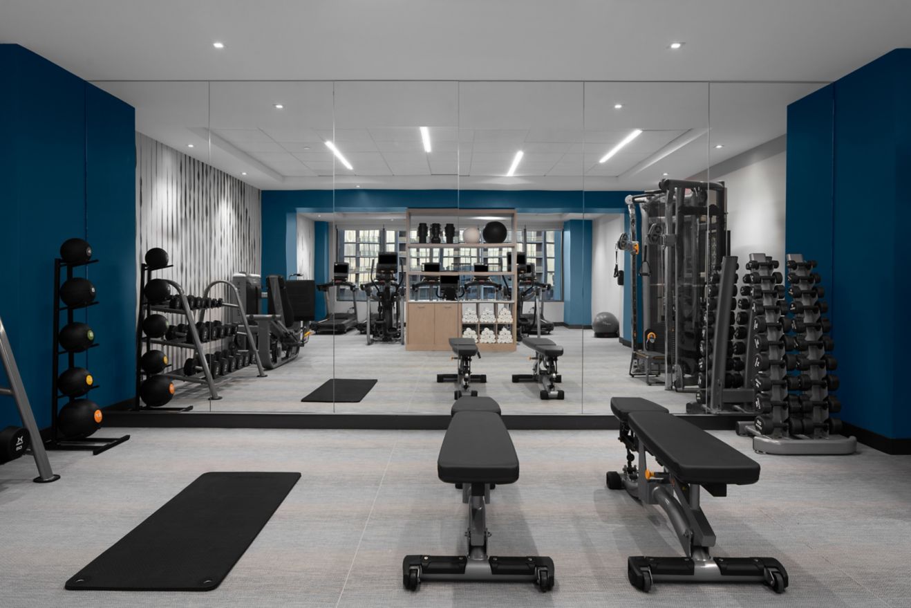 fitness center free weights mirrors