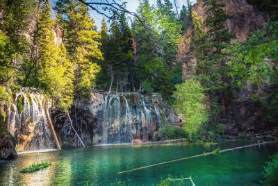 A short waterfall surrounded by trees with a calm pool