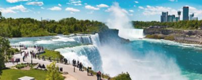 Aerial view of the top of Niagara Falls surrounded by people