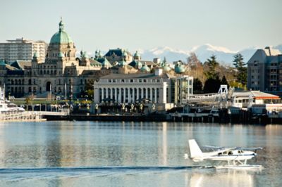 City skyline with harbor in foreground