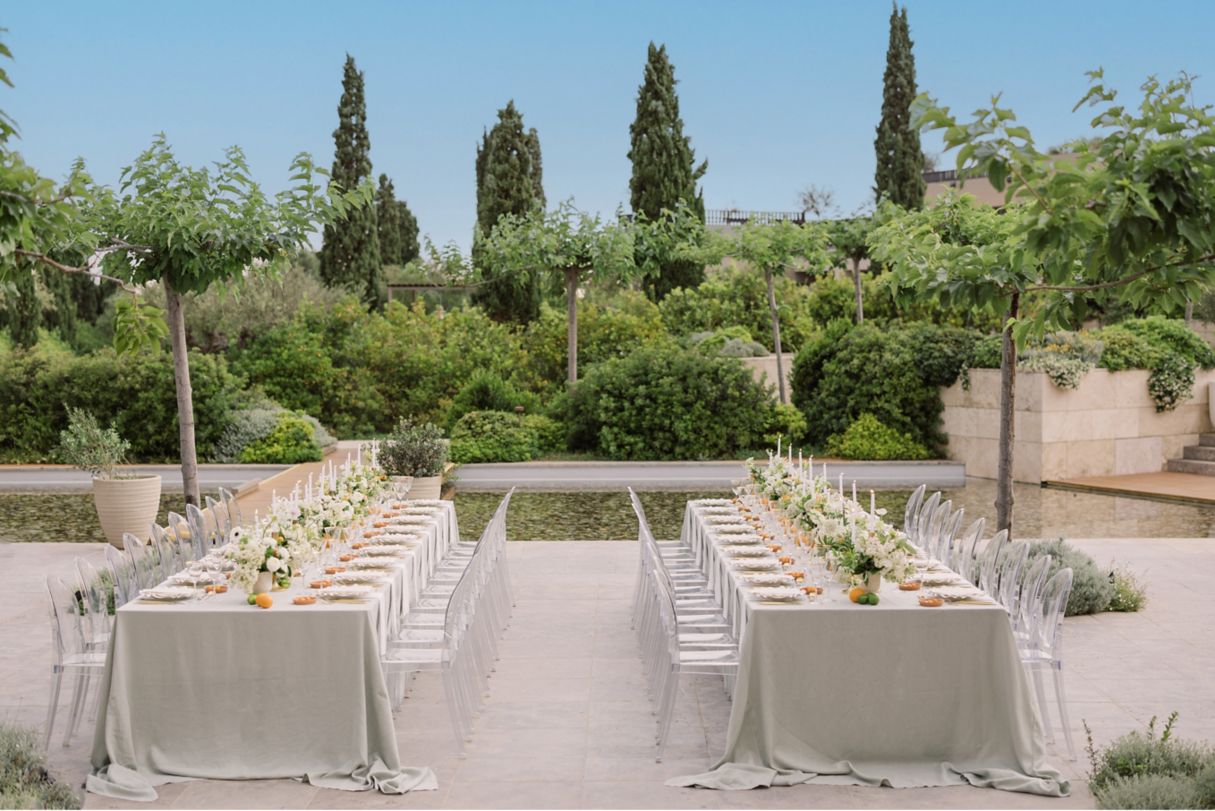 Outdoor wedding reception dinner tables