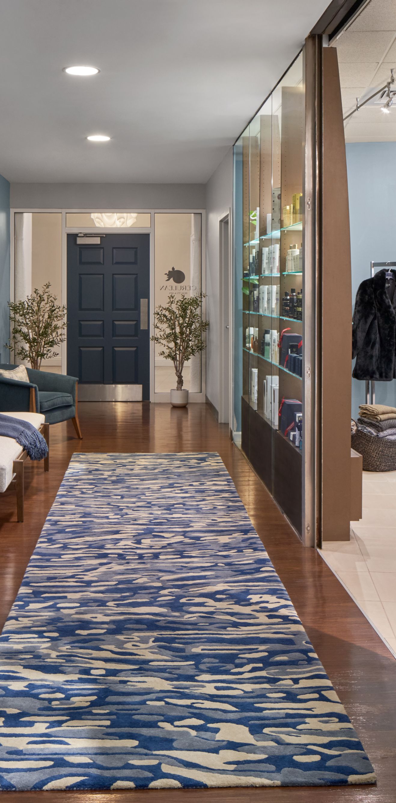 Spa hallway with products on shelves