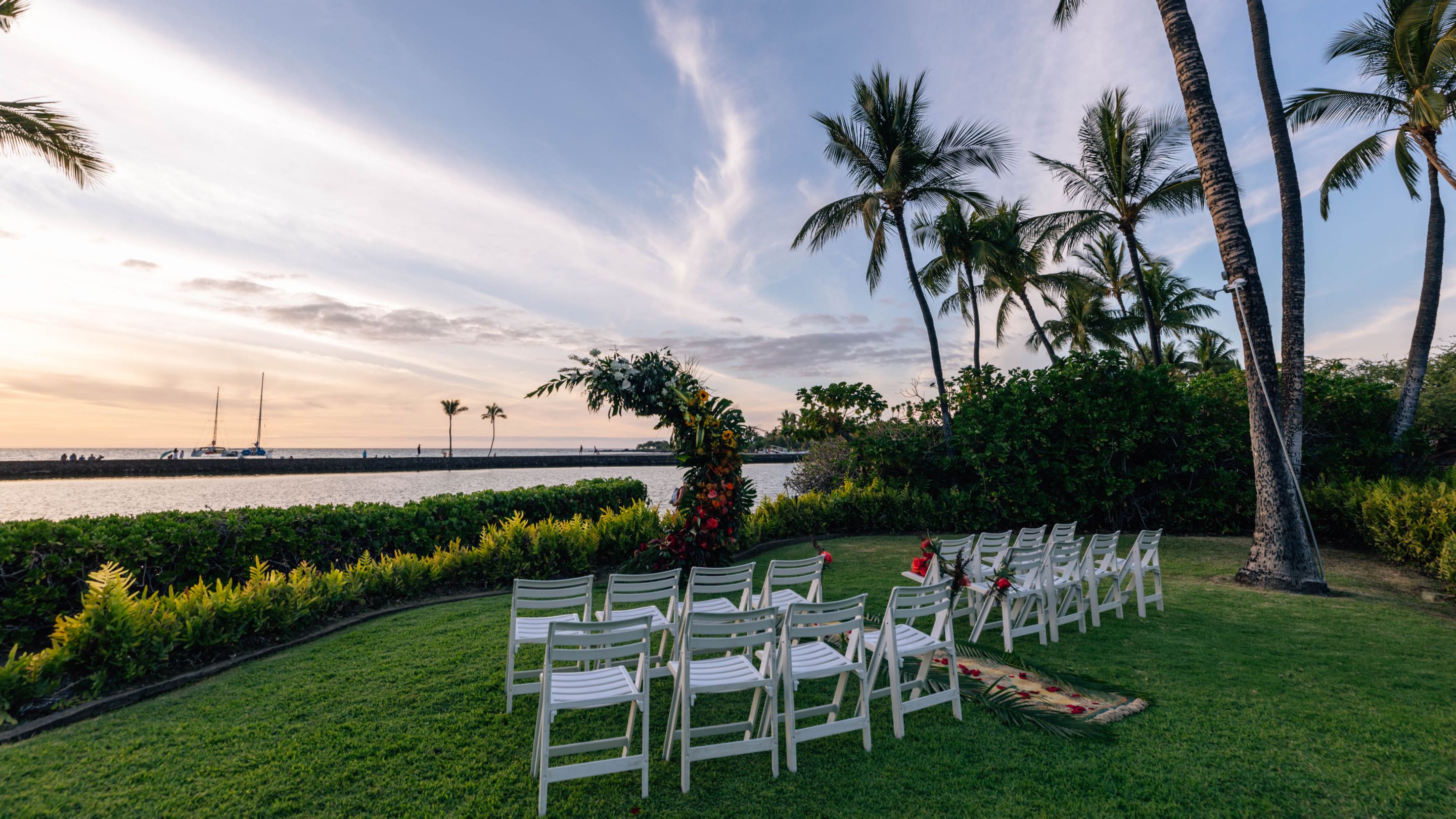 outdoor wedding set, arch, palm trees, ocean
