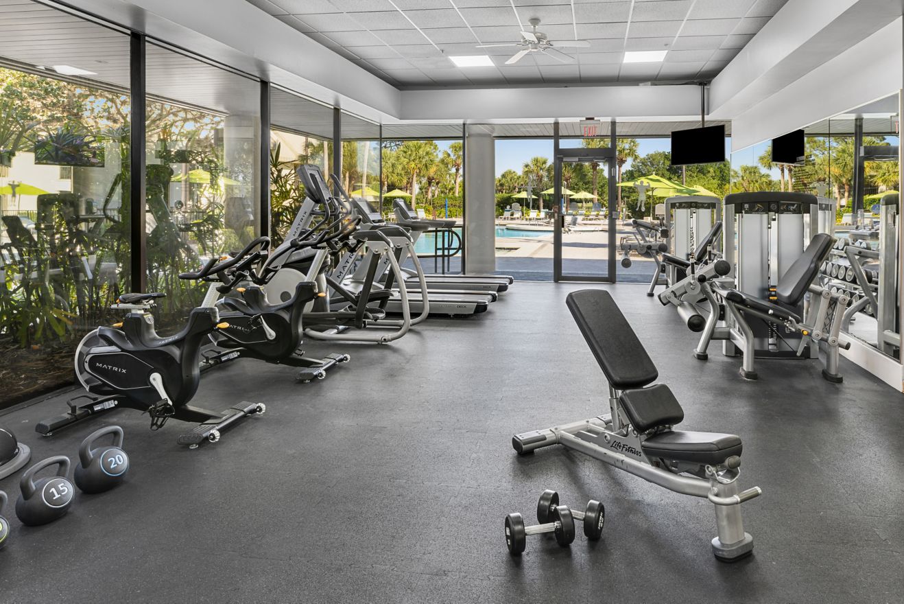 Fitness center with treadmills, bikes, weights