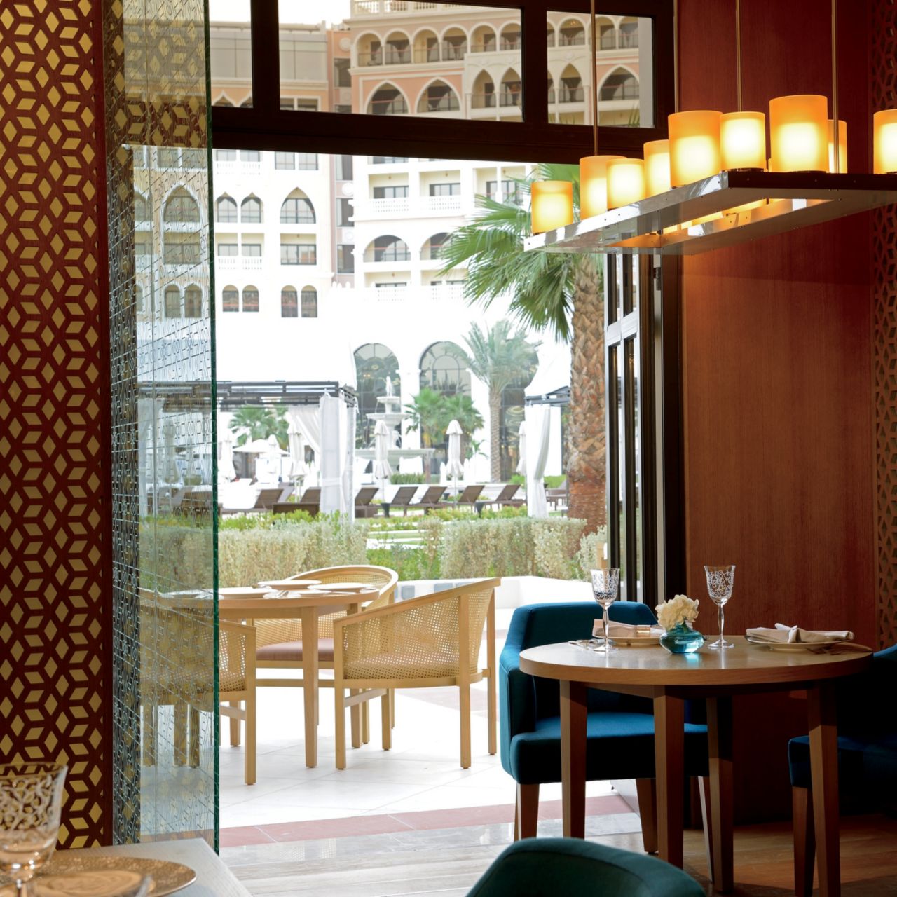 Table and outside terrace at Mijana restaurant at The Ritz-Carlton Abu Dhabi, Grand Canal