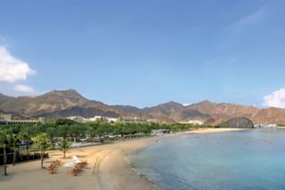 Panorama of the resort beaches and mountains from the Muscat resort