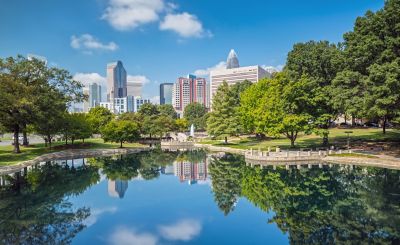 Charlotte skyline with a lake in the foreground