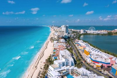 Aerial view of the beach with hotels along coast