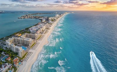 Aerial view of Cancun beach at sunset
