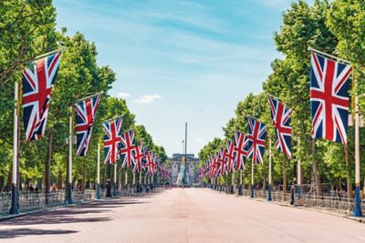Centered view of The Mall with British flags