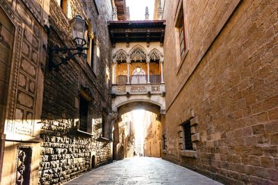A narrow stone street in the Gothic Quarter