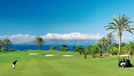 Overlooking a fairway and green of the resort's Abama golf course with the ocean in the background