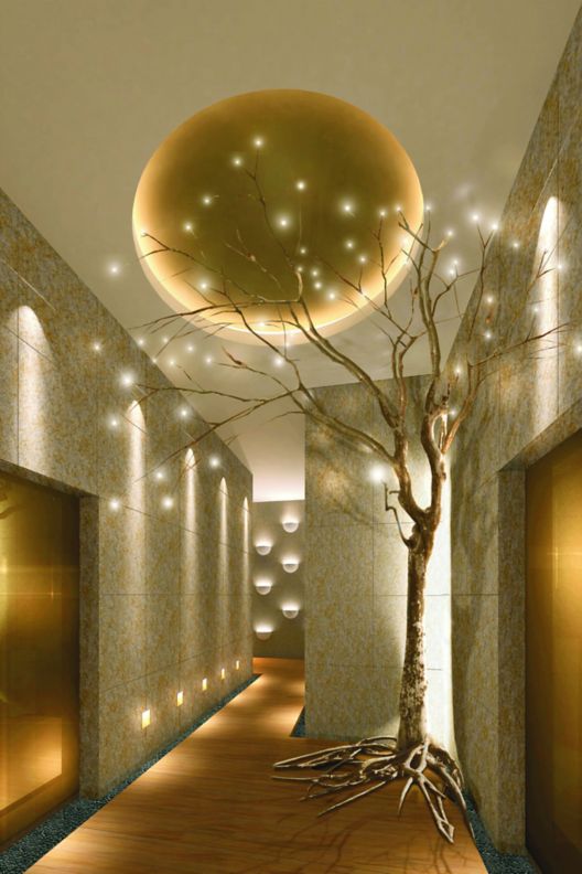 A bare tree adorned with lights in a dimly lit hallway.