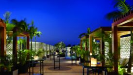 Evening outdoor reception with a walkway between a series of gazebos separated by palm trees