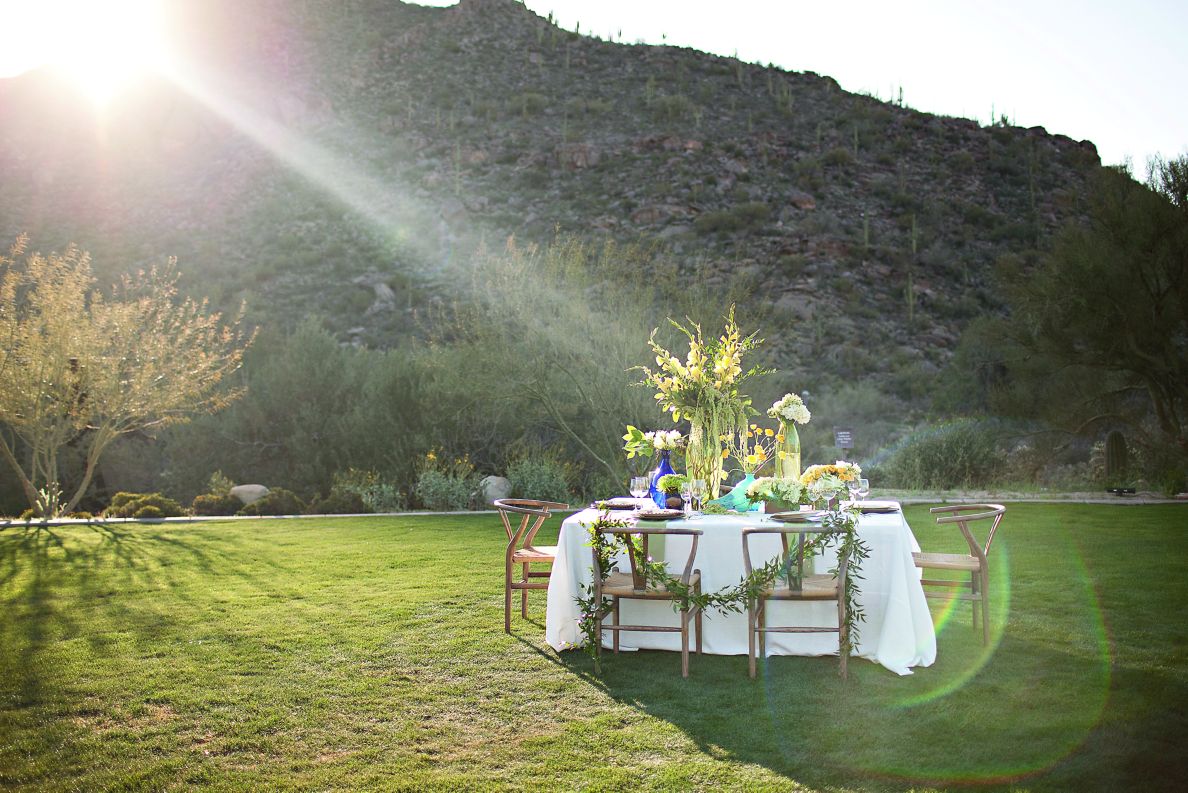 Sunlight shines on a single formal dining table on a lawn overlooked by a mountain