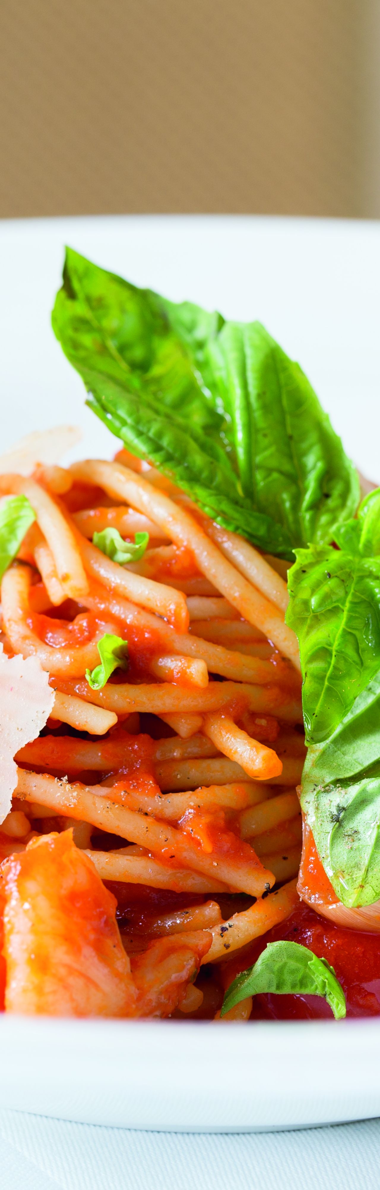 A small mound of spaghetti and sauce topped with fresh basil