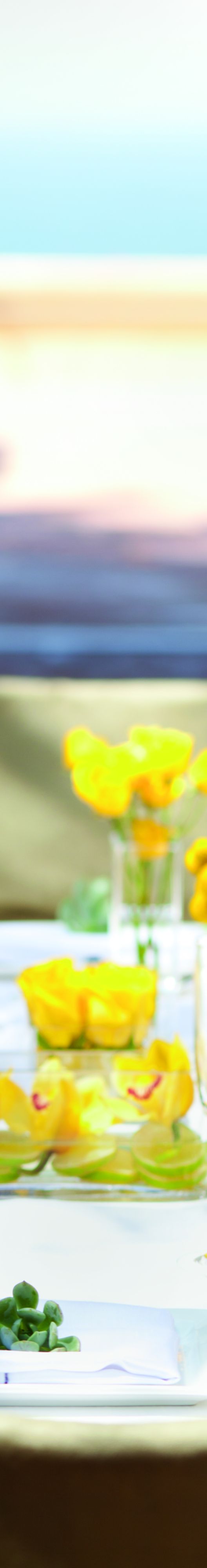 Event setup with white table cloths, yellow flower arrangements and view of ocean.