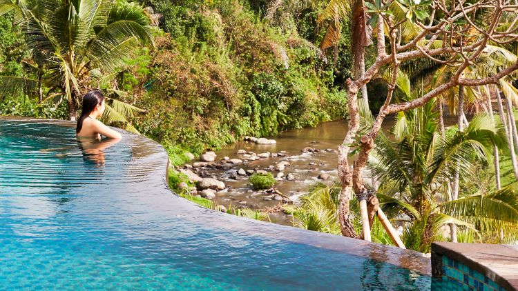 一位女士坐在蓝绿色礁湖风格泳池边眺望河流，俯瞰雨林景观