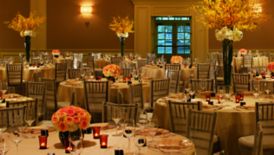 A Wedding Ballroom with silk wall coverings and chandeliers