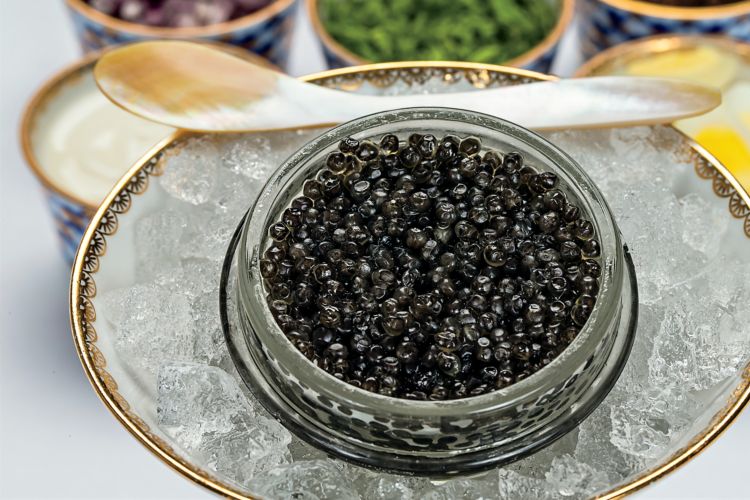 Caviar over ice with a small spoon and garnishes
