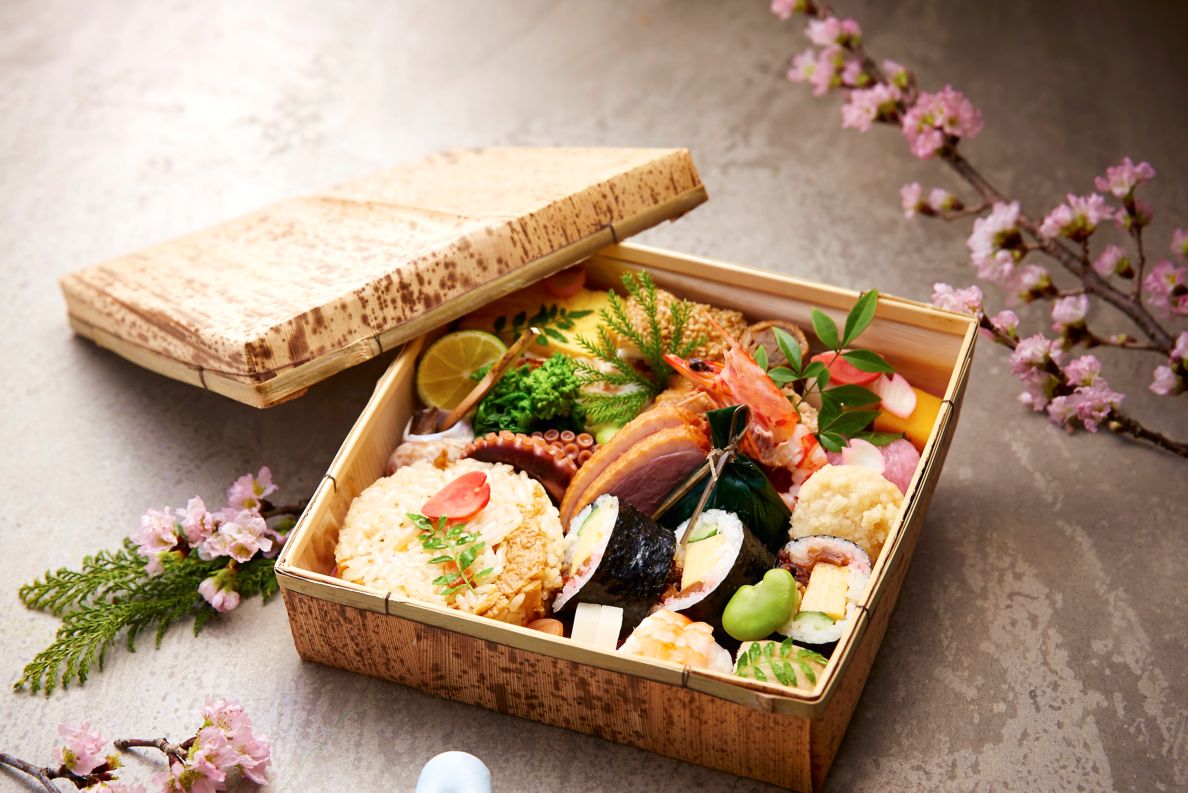 Seafood bento box with chopsticks.