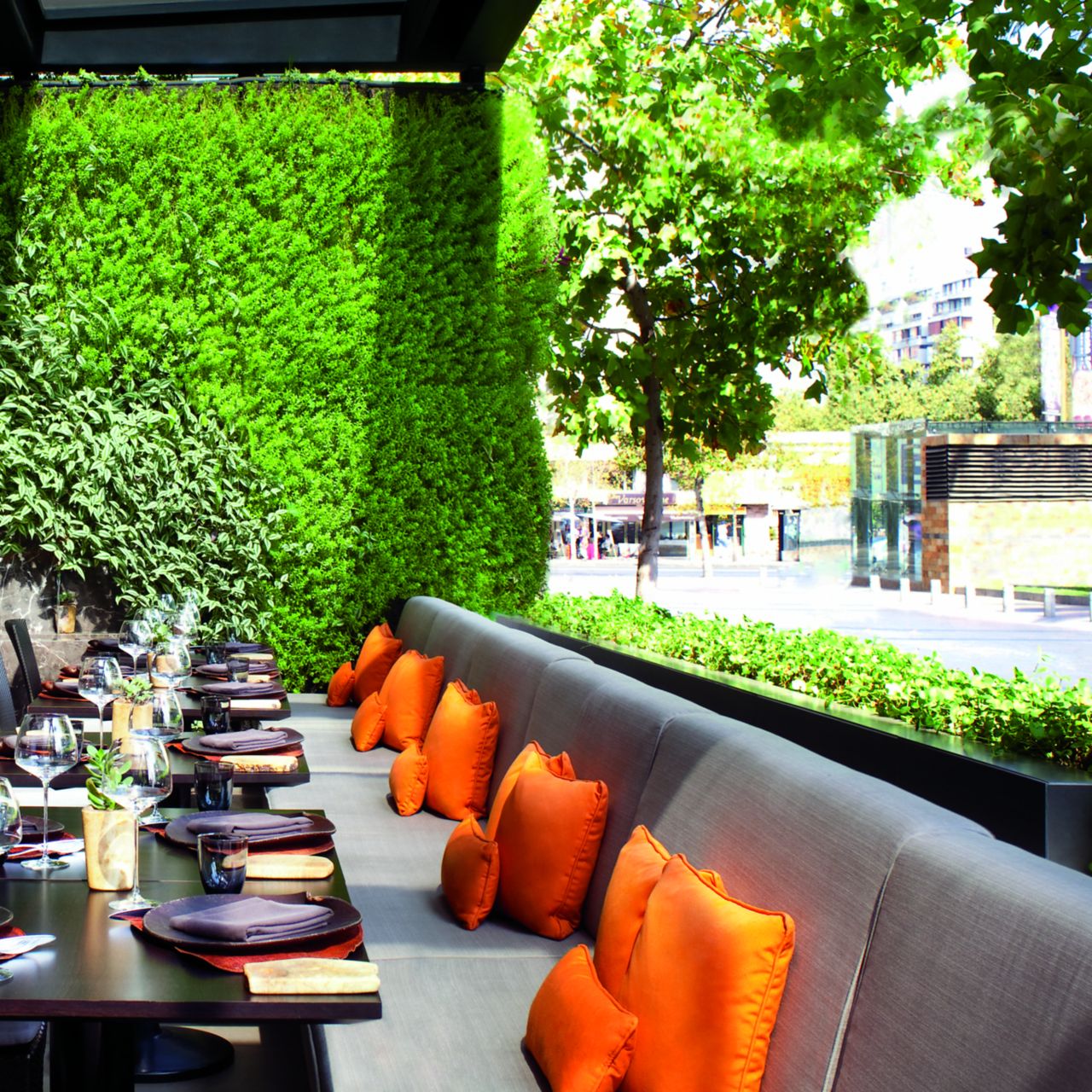 Covered patio with dining tables overlooking the street and surrounded by greenery