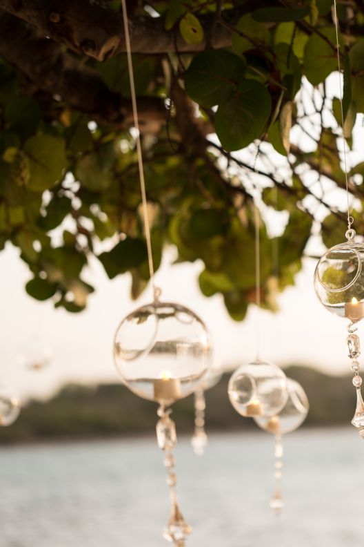 Strings of glass balls hang from a tree