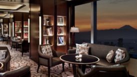 Club Lounge library with wood-paneled walls, recessed shelving, expansive windows with skyline views and sleek furnishings