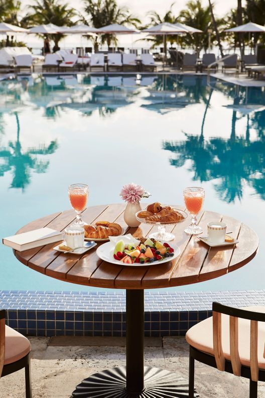 Poolside table with plates of croissants and fruit on top.