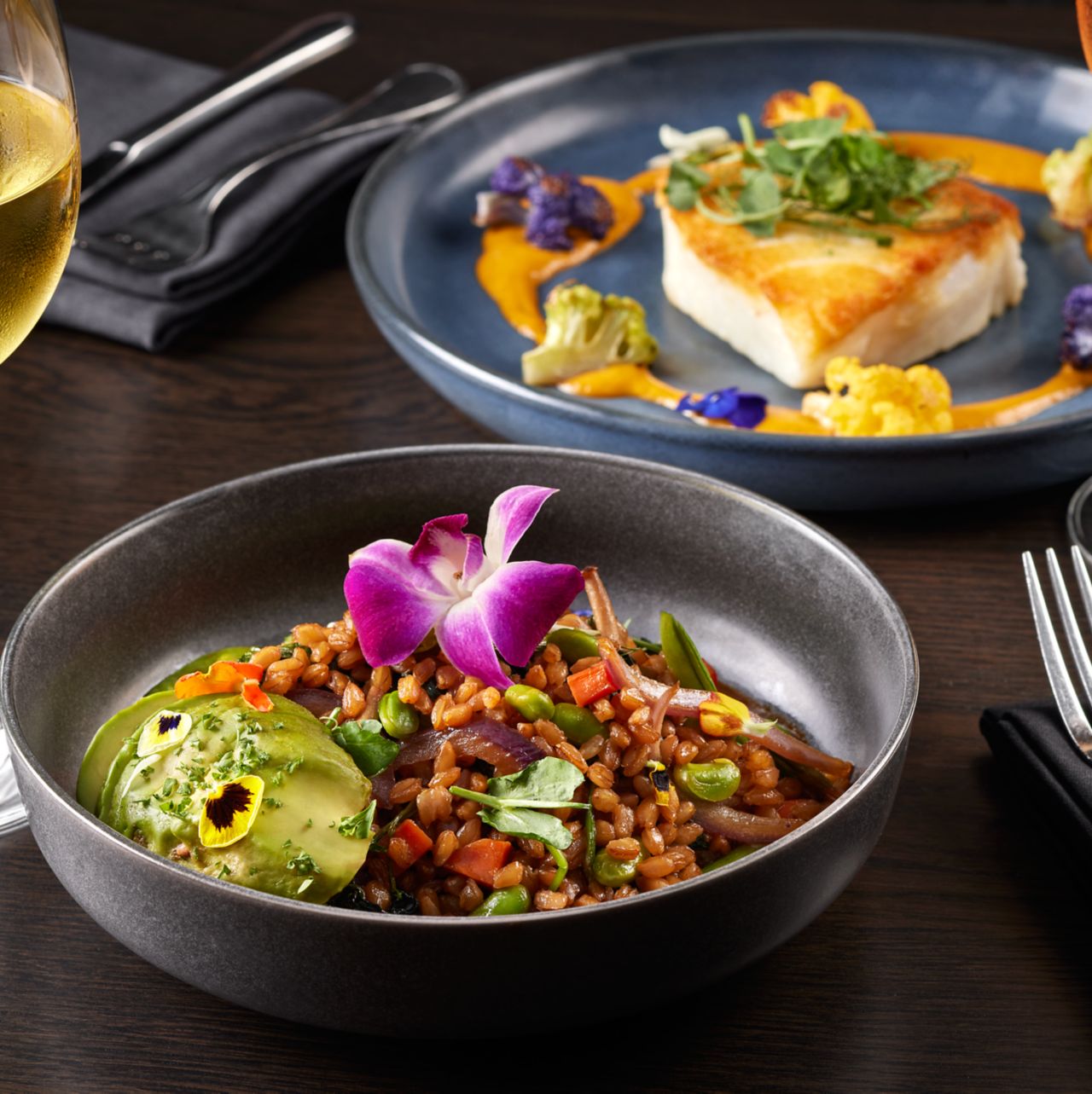 Farro Bowl with Chilean Sea Bass and wines