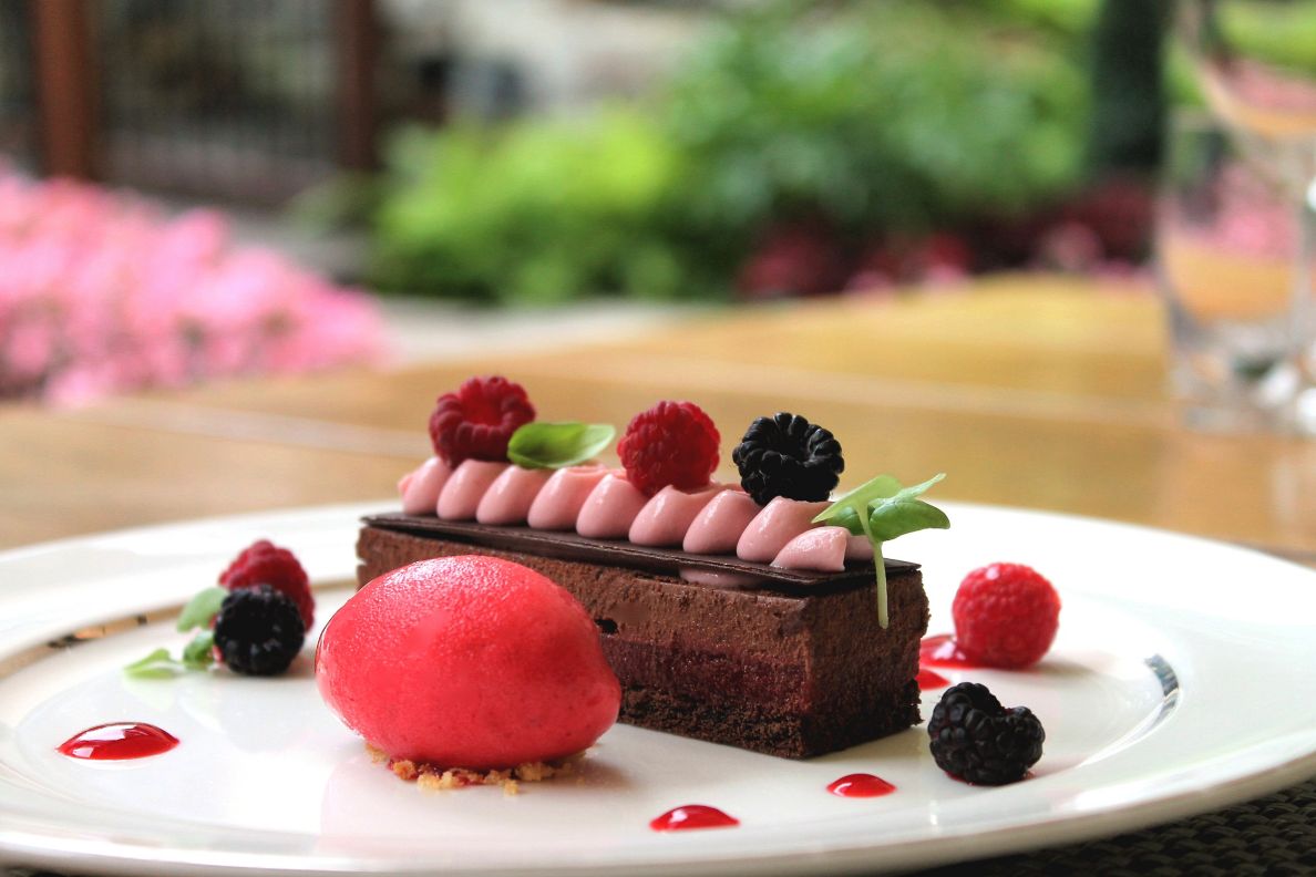 Maison Boulud's Chocolate Rasberry Dessert.