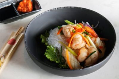 Close up of Asian noodle dish with shrimp