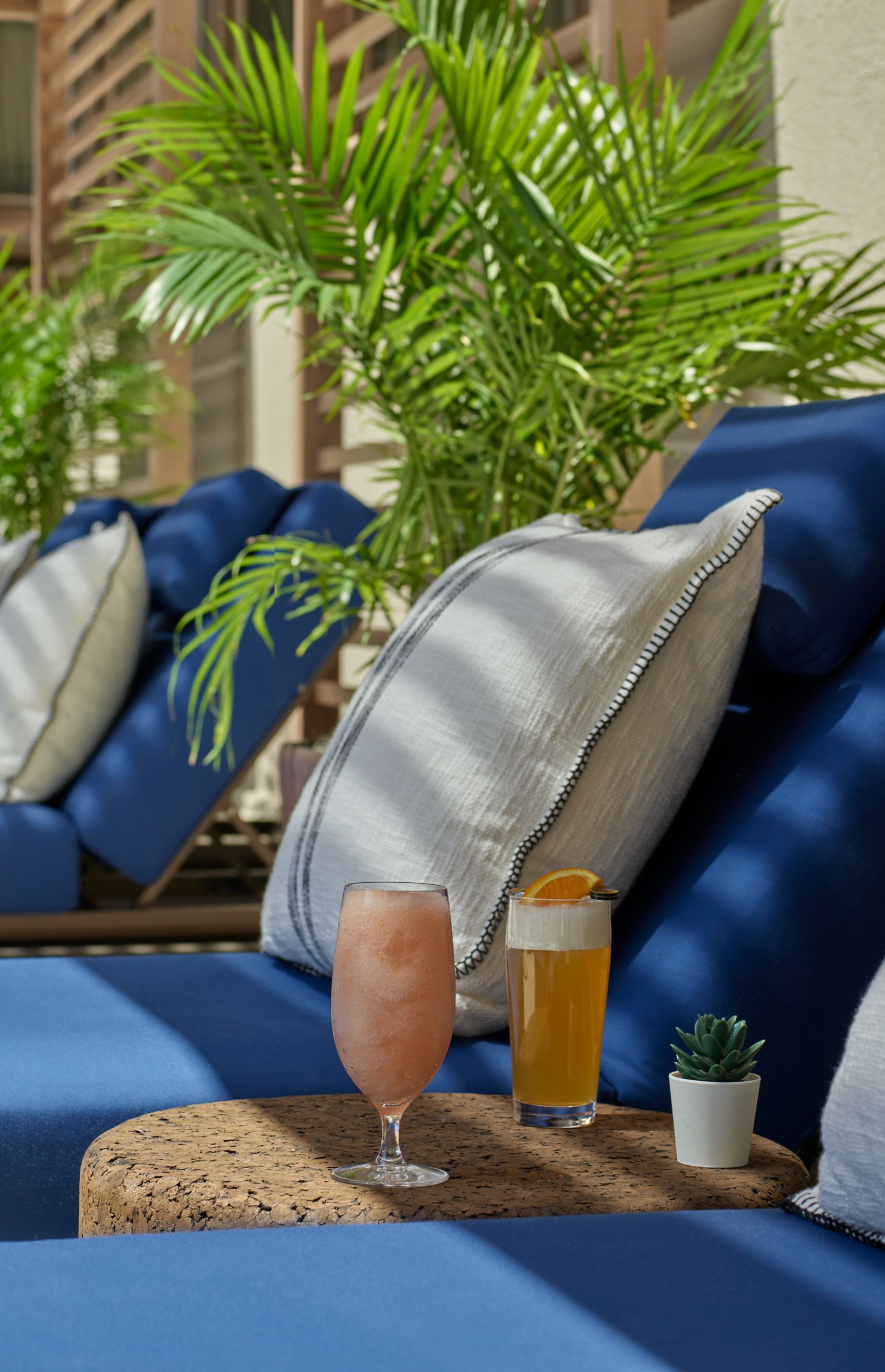 A row of lounge chairs with a couple of drinks on a table.