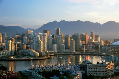 City skyline with harbor in foreground