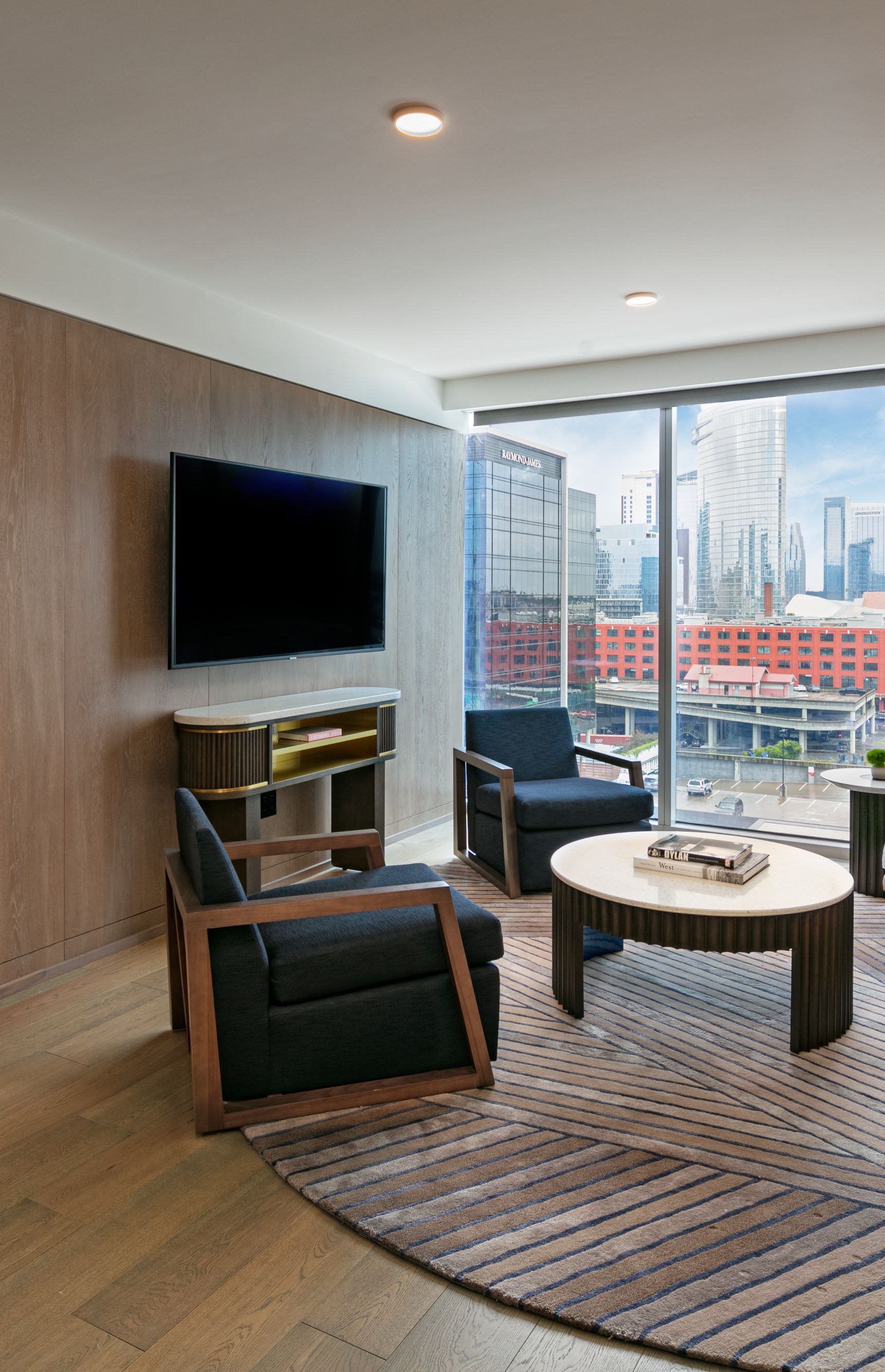 Living room with city views. 