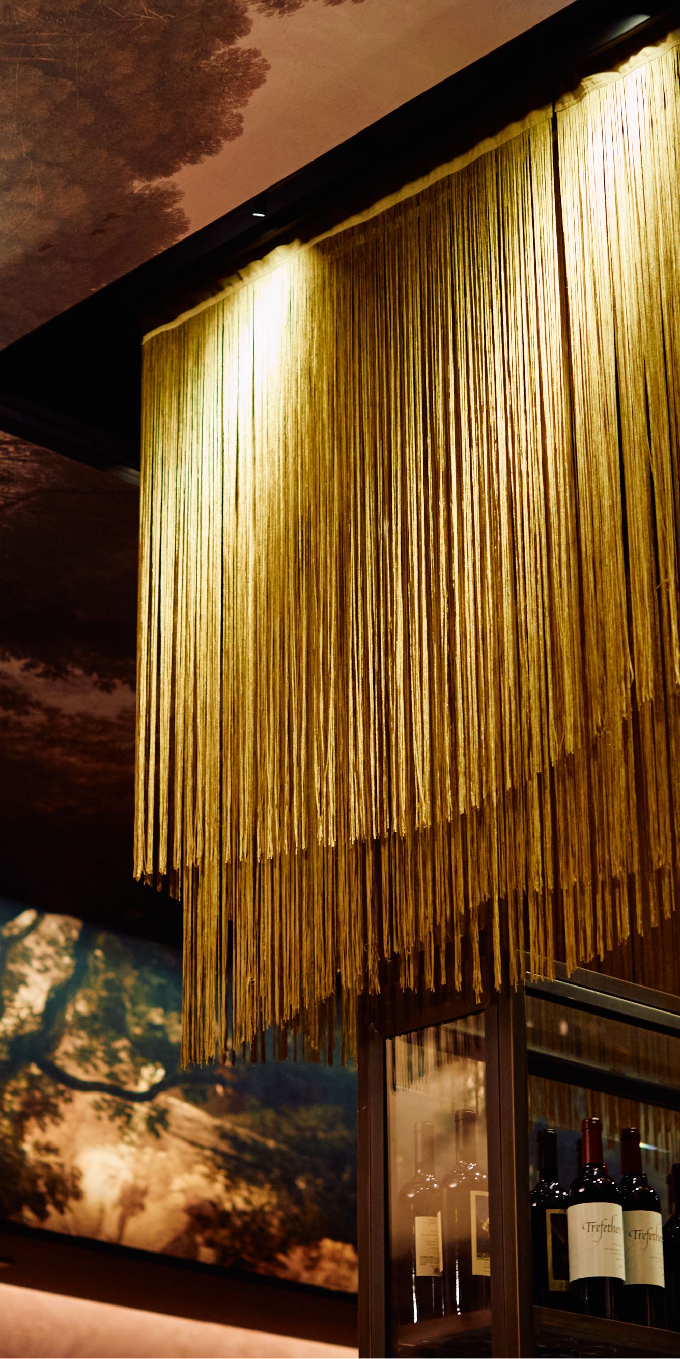 Gold fringe above the Living Room Bar.