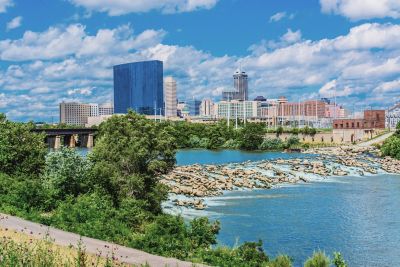 A view of buildings running along the White River