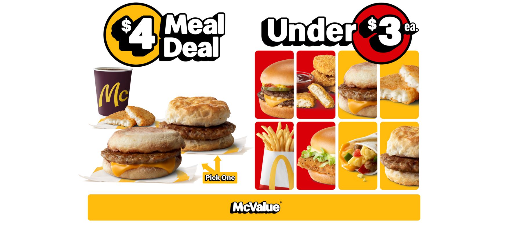 under $3 each for menu items like a McDouble, 4 piece chicken McNuggets, sausage McMuffin, hash browns, small fries, McChicken, sausage burrito and sausage biscuit