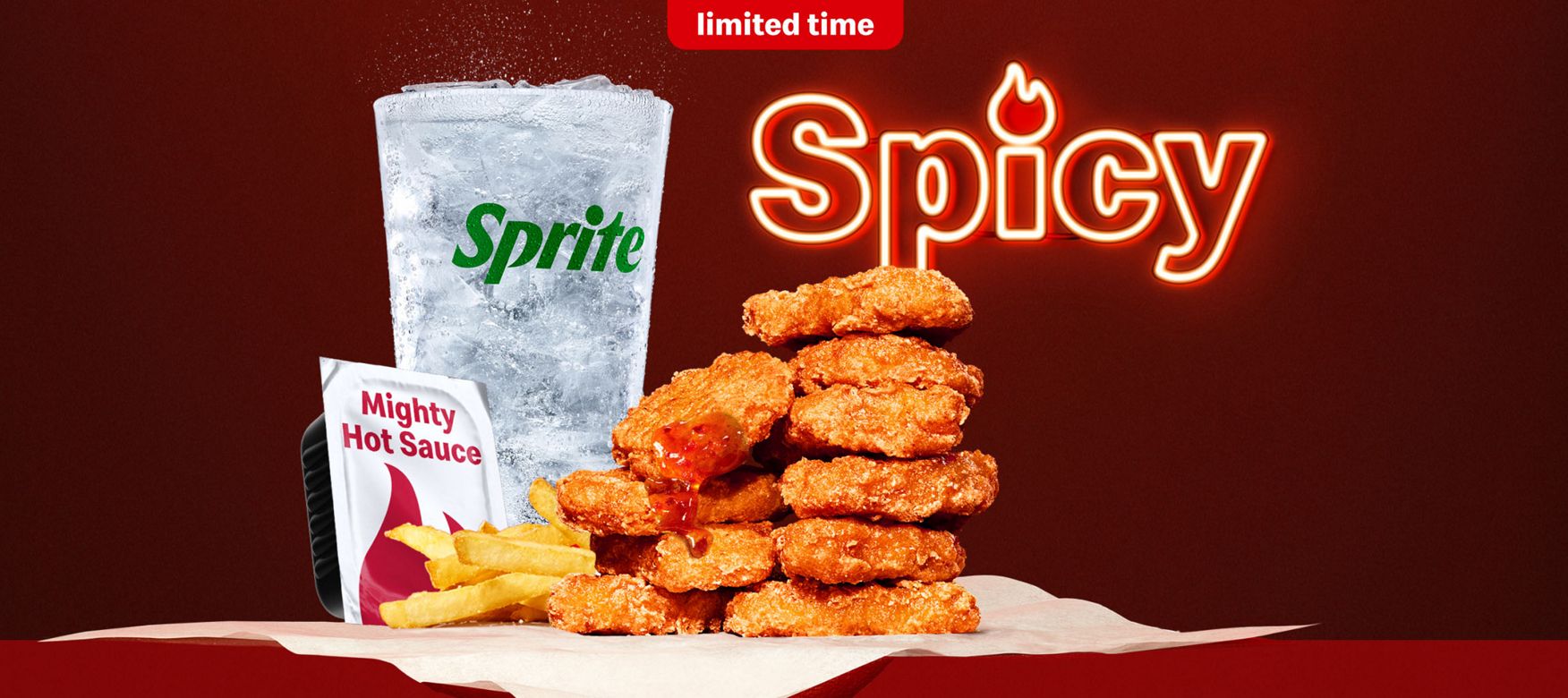 order a Spicy Chicken McNuggets meal with Mighty Hot Sauce, medium fries and a medium Sprite