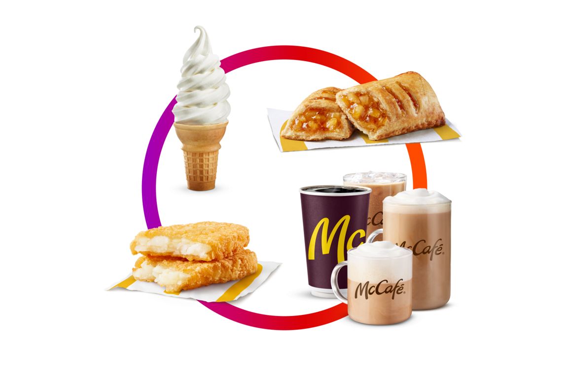 Une portion de patates hachées brunes, un cornet à la vanille, un chausson cuit au four et un groupe de boissons comprenant un thé/café infusé, un café glacé, un Latte et un Cappuccino sont reliés par des lignes qui forment un cercle.
