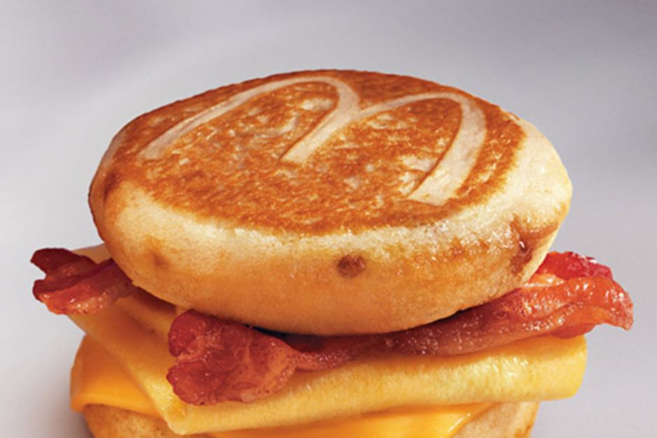 A McDonald's McGriddle breakfast sandwich with bacon, egg and cheese