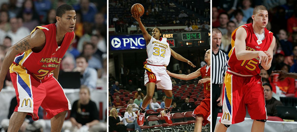 Derrick Rose (25), Maya Moore (32) and Blake Griffin (15), McDonald’s All American Games 2007, Middle: Maya Moore going in for a layup at the 2007 McDonald’s All American Games. 