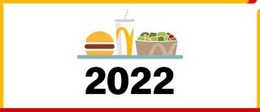 Icon of tray with burger, drink and salad above 2022 date.