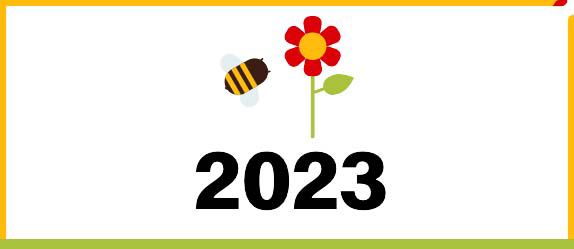 Icon of a bee and a flower above the date 2023. 