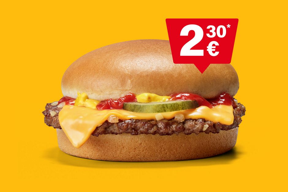 Zu sehen ist ein Cheeseburger für 2,30 €.