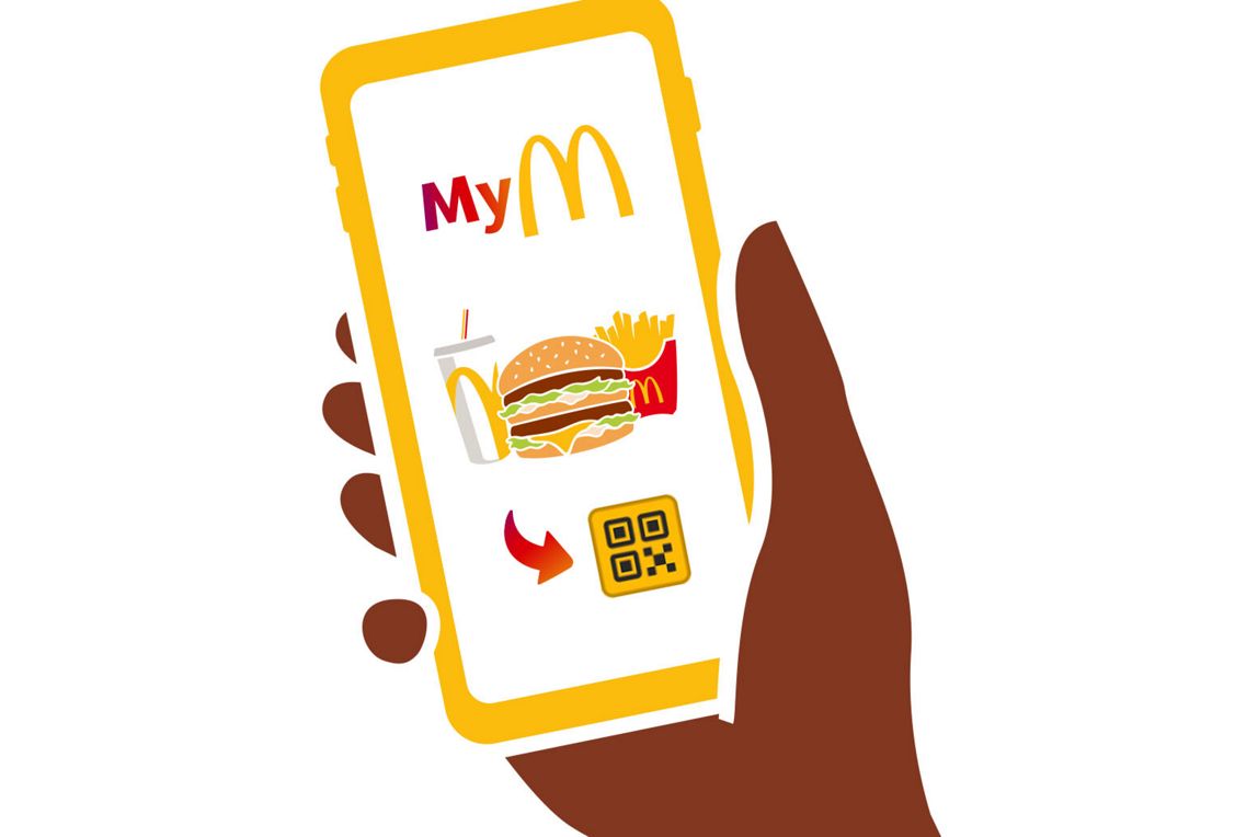Ein Pfeil weist auf den QR-Code in der App hin.