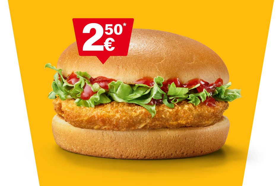 Man sieht einen Chickenburger für 2,50 €