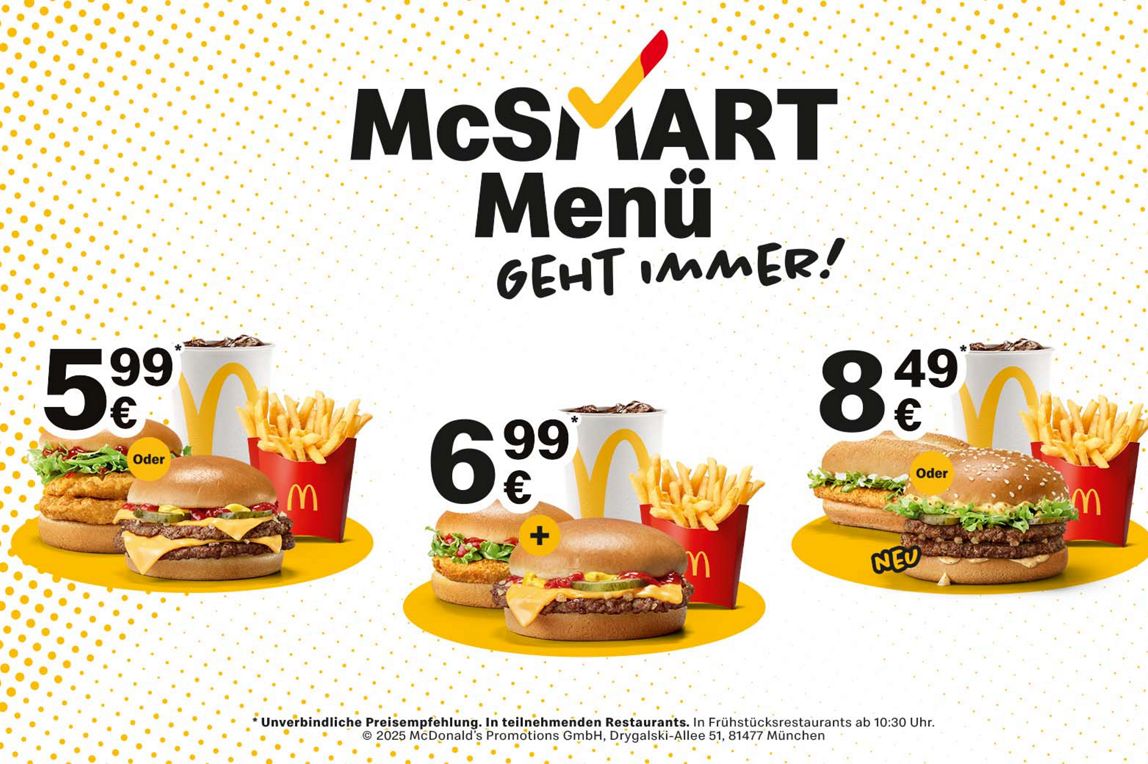 Man sieht drei Burgermenüs zu drei unterschiedlichen Preise, nämlich 5,99€, 6,99 und 8,49€.