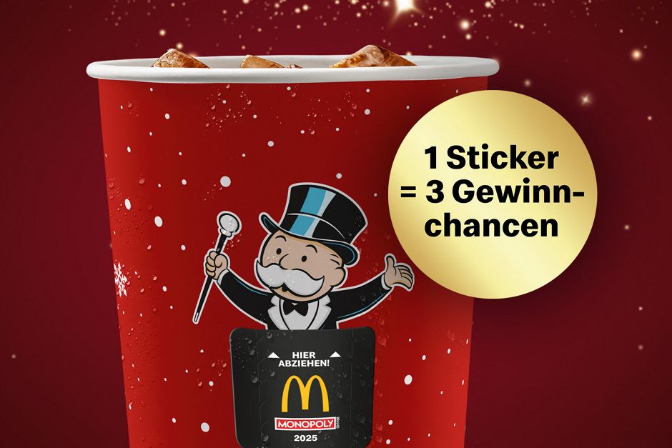 Abbildung MONOPOLY Aktionsbecher mit dem Störer „1 Sticker = 3 Gewinnchancen“.