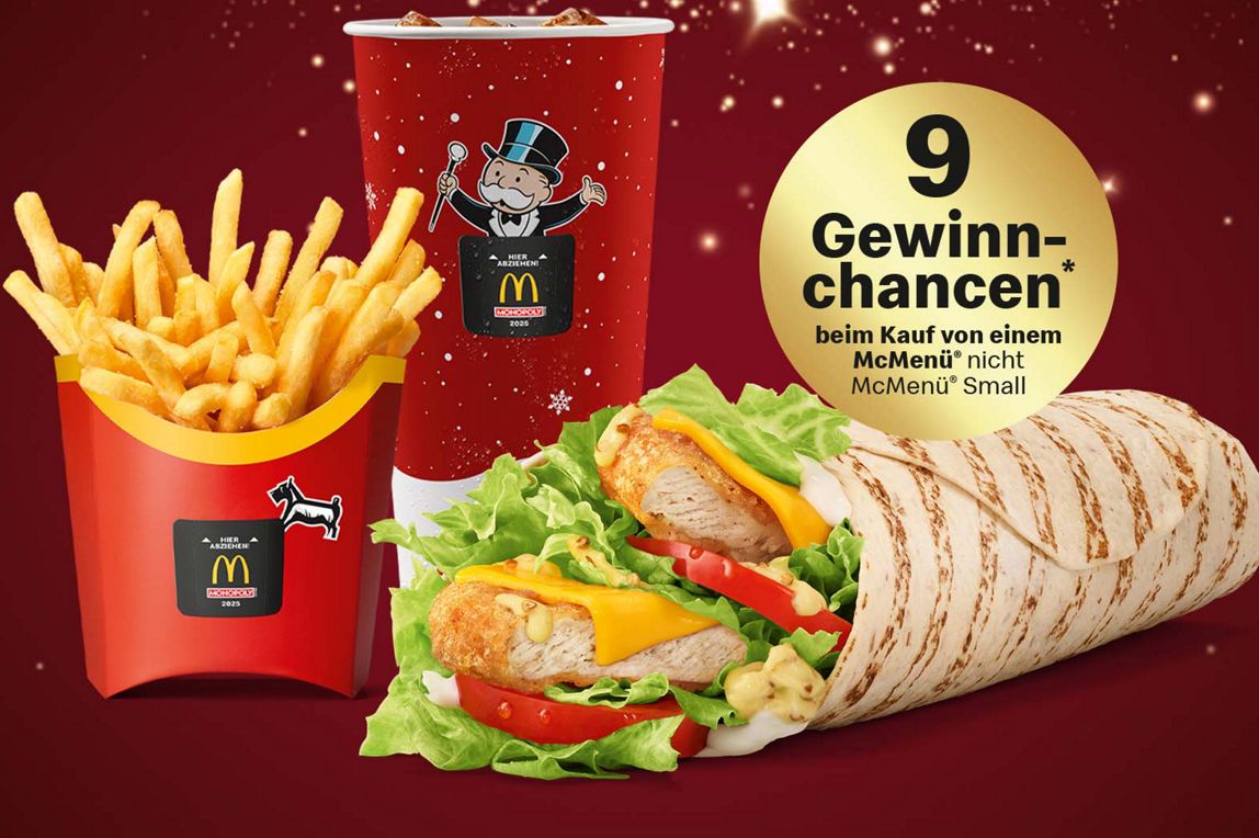 McWrap Spicy Chicken McMenü mit bestickerten Produkten und 9 Gewinnchancen Störer